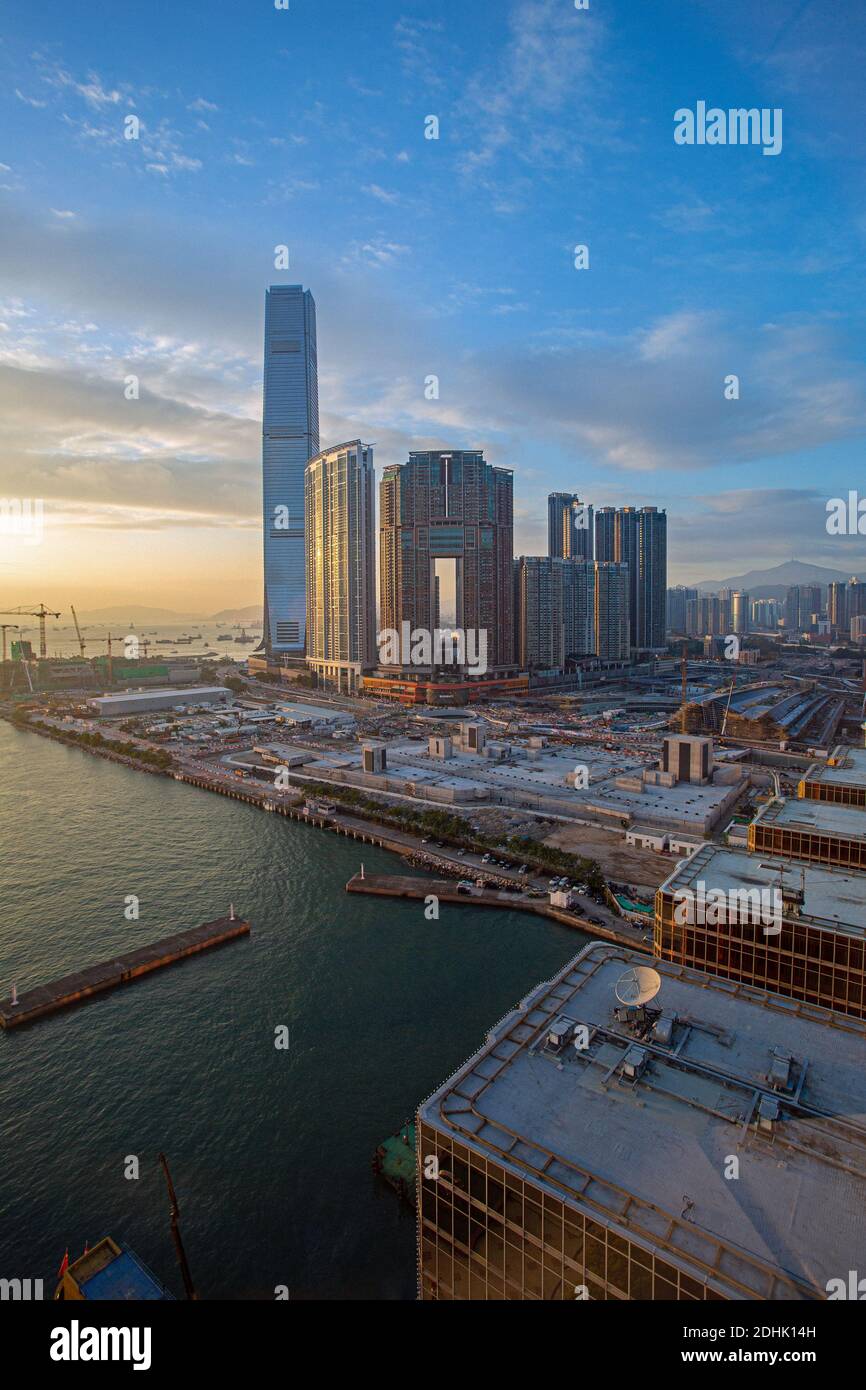Hong kong buildings skyscraper hongkong sky future ICC International Commerce Centre Harbourside Tower Arch Sky Tower Kowloon Victoria Harbour Stock Photo