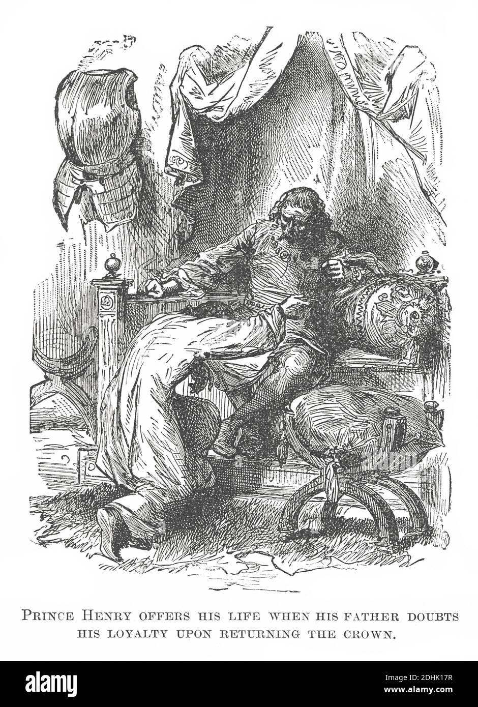 19th-century illustration of a scene where prince Henry IV ((1367–1413) King of England and Lord of Ireland (1399–1413)) offers his life when his fath Stock Photo