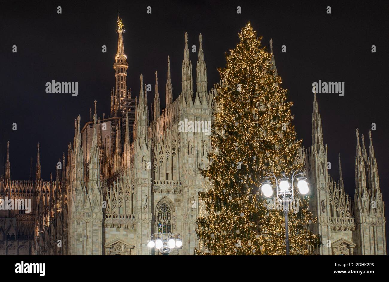 Duomo square in December illuminated by the large Christmas tree placed in front of the cathedral.Milan,Italy Stock Photo