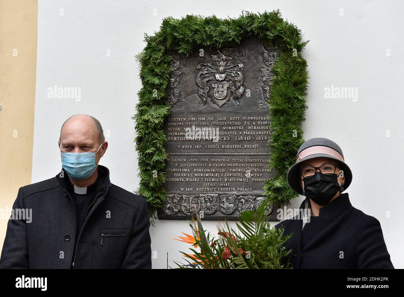 Kromeriz, Czech Republic. 11th Dec, 2020. Auxiliary bishop of Olomouc  Antonin Basler, left, and consul general of the Republic of Poland Izabella  Wollejko-Chwastowicz pose after the unveiling a commemorative plaque to  Polish