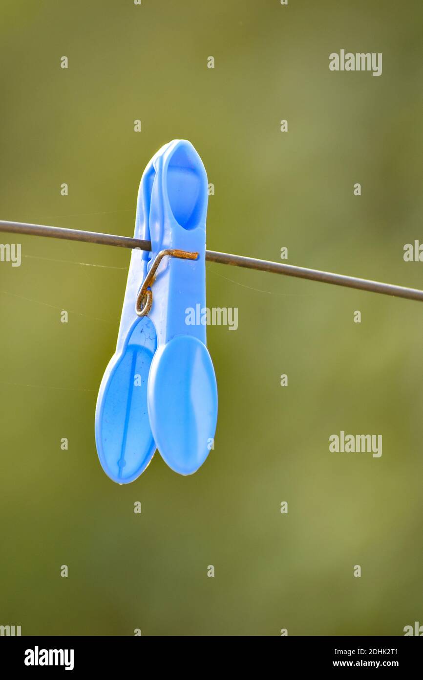 Blue plastic cloth peg on a washing line Stock Photo