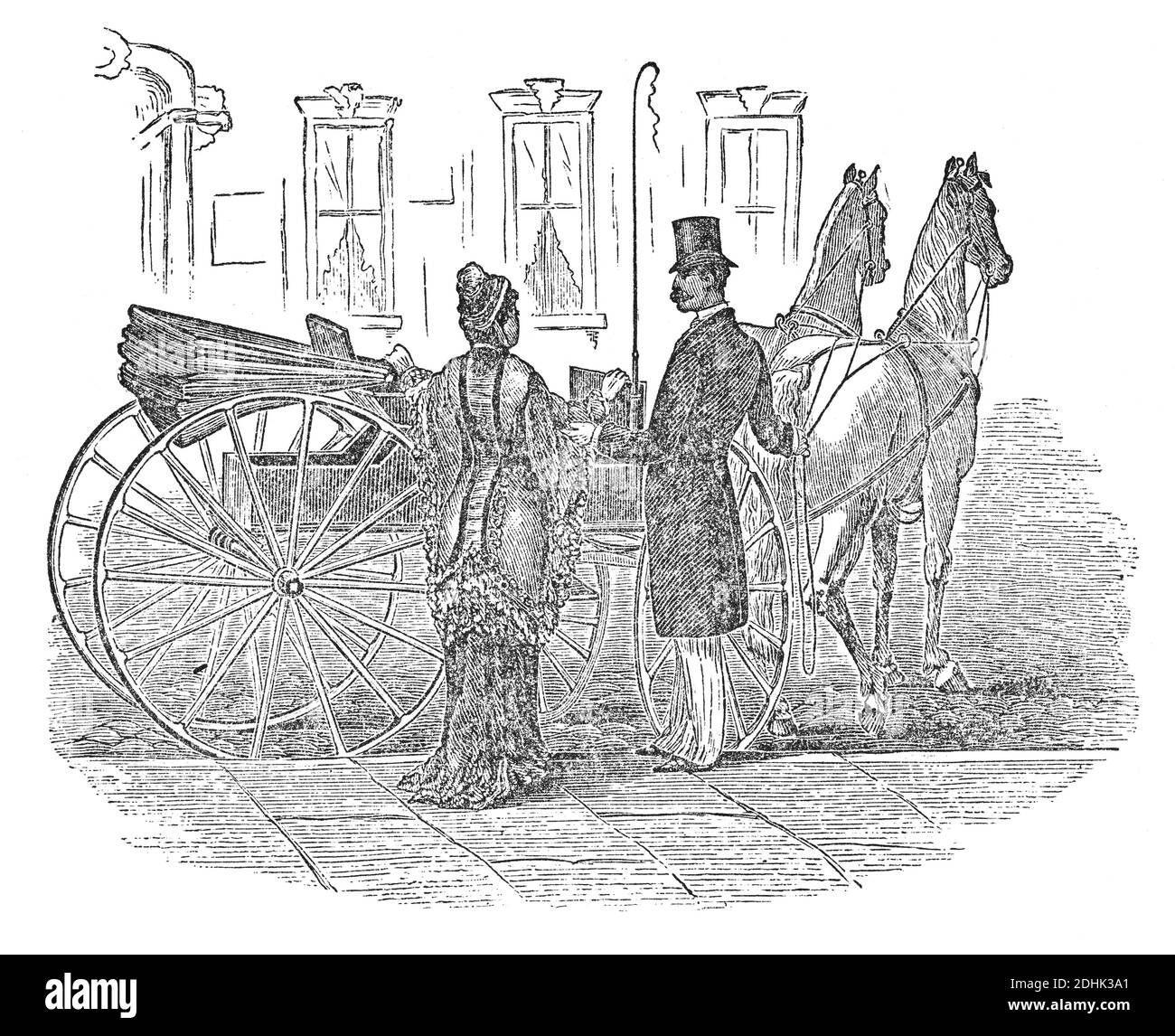 19th century illustration of the mode of assisting a lady into a carriage. Published in 'The National Encyclopedia of Business and Social Forms, embra Stock Photo