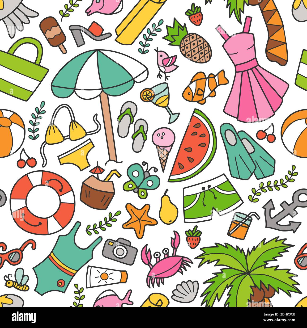 Sea and summer seamless pattern in doodle style. Hand drawn vector ...