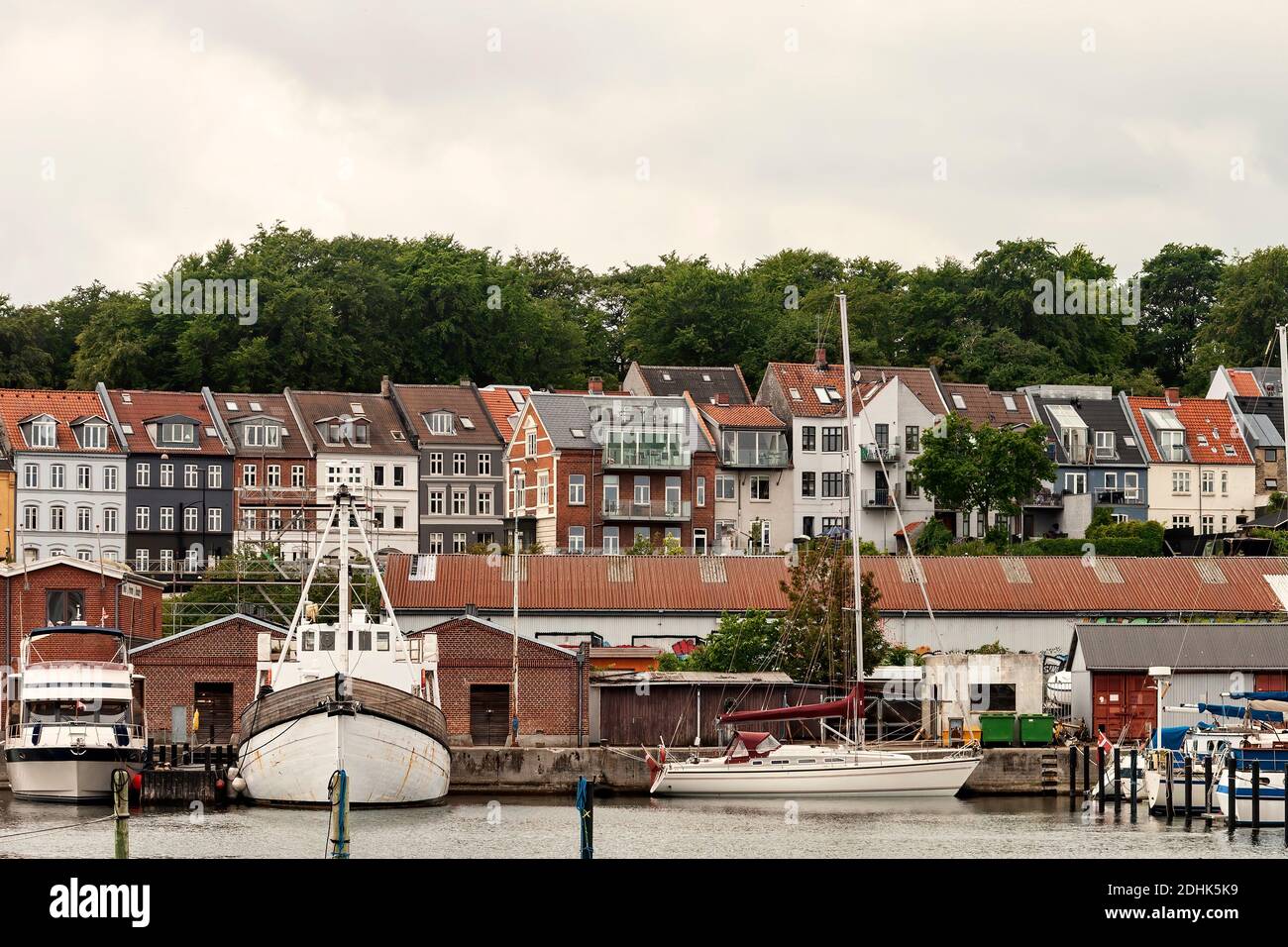 Buildings at the harbor at Aarhus, Denmark  on an overcast day Stock Photo