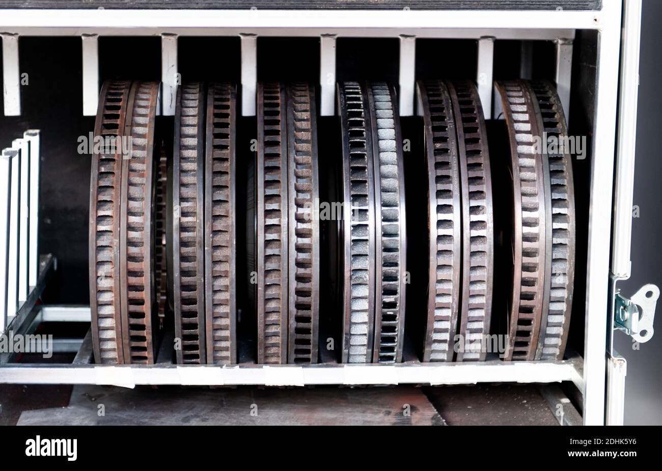 Collection of car brake discs aligned in a row close up Stock Photo - Alamy