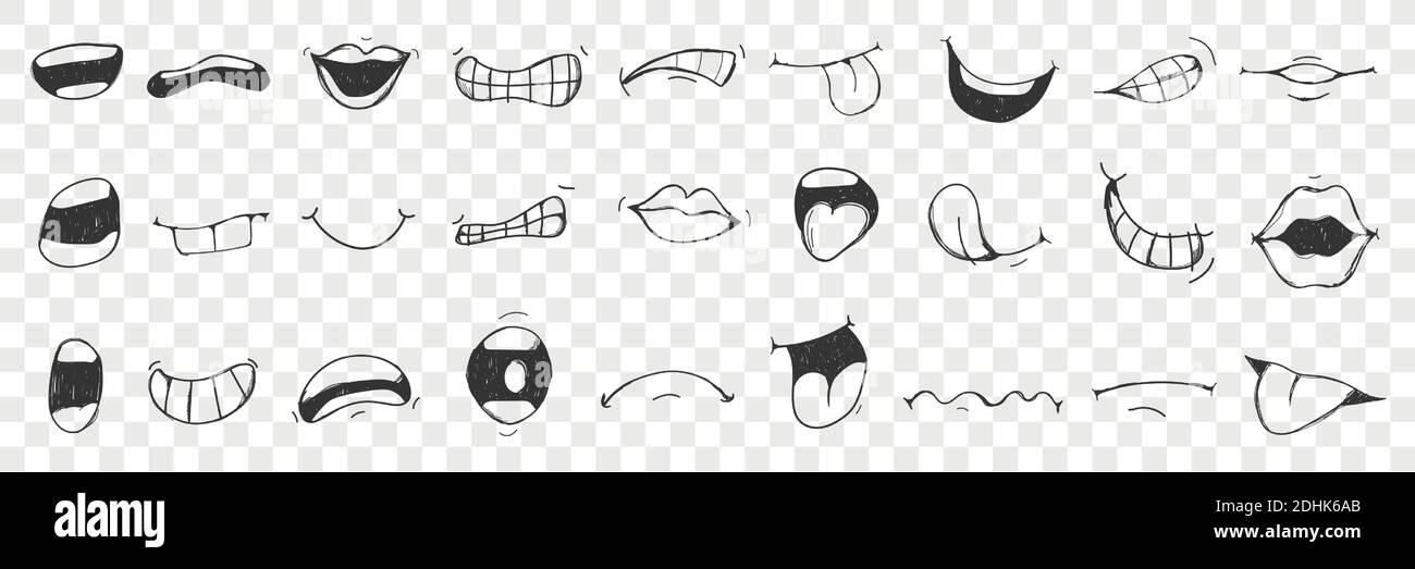 Lips, tongue, mouth doodle set. Collection of hand drawn human lips, open mouth, showing tongue with different emotions isolated on transparent background. Illustration of expressing sign with mouth Stock Vector
