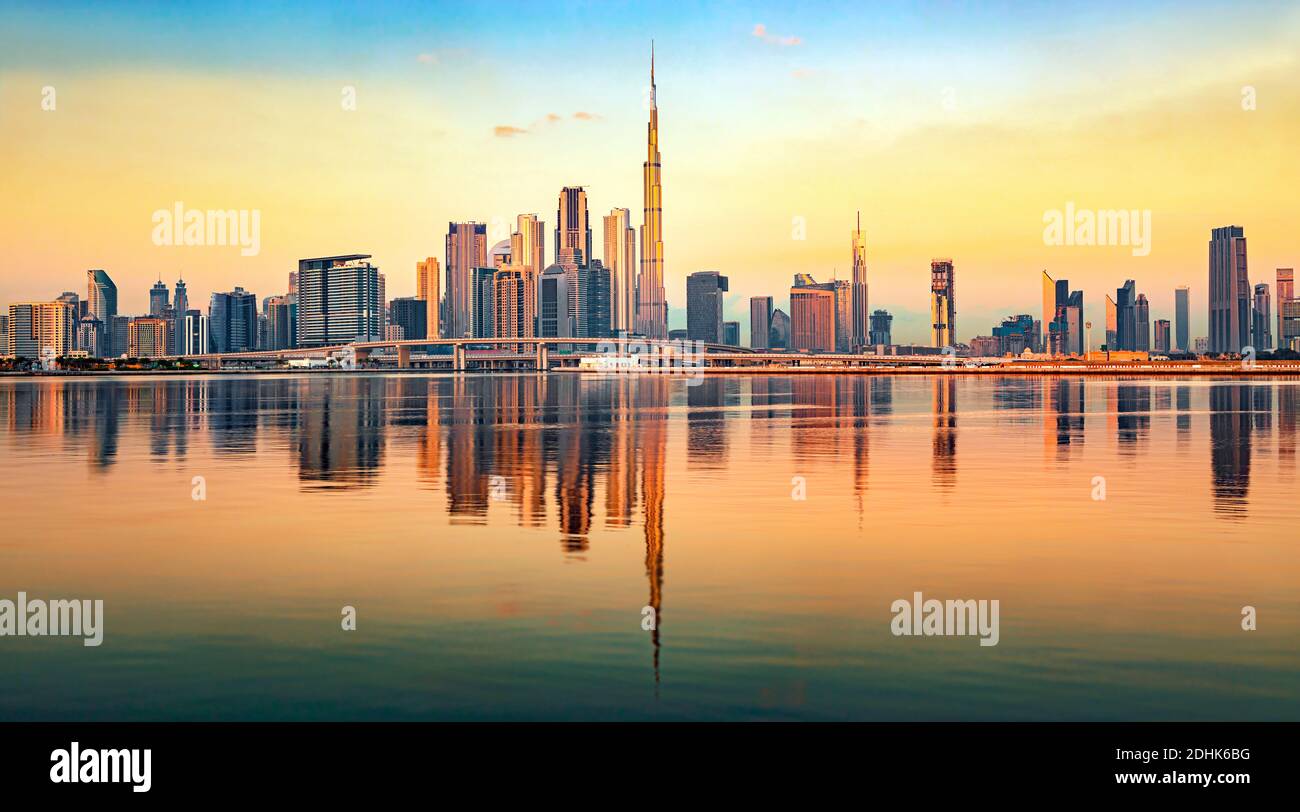 Amazing Dubai city center skyline at the sunset, Dubai, United Arab ...