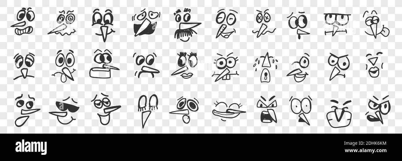 Birds face doodle set. Collection of funny hand drawn cute funny bird face with beak expressing various emotions isolated on transparent background. Illustration of smiling angry and unhappy birds Stock Vector