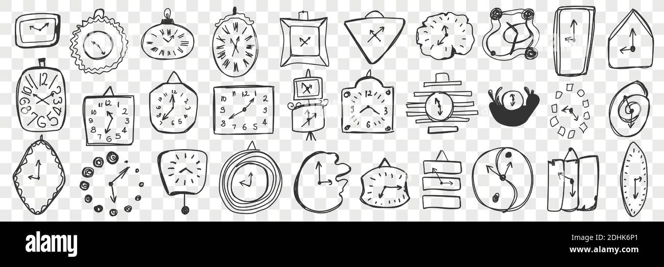 Wall clock doodle set. Collection of hand drawn various clocks of