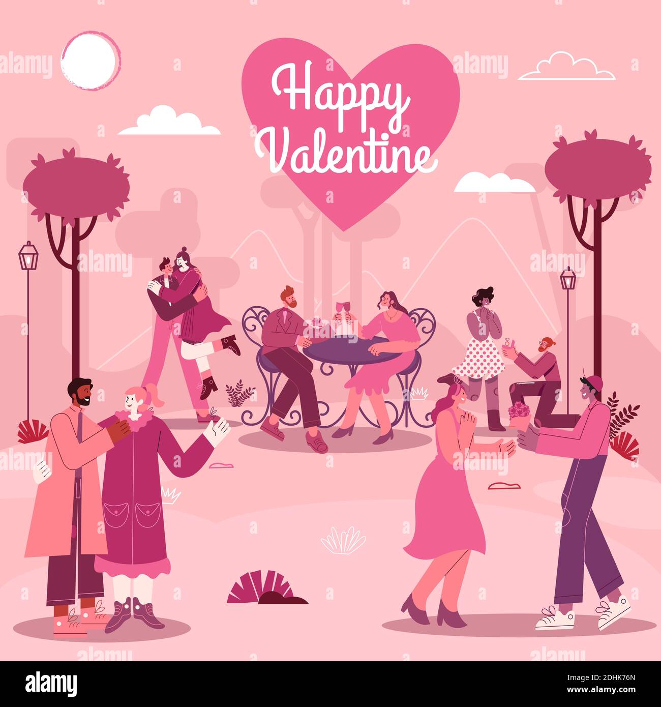 Valentine's Day greeting card with romantic couples in love with modern ...