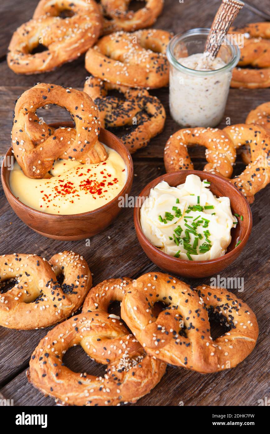 Homemade soft pretzels with butter and cheese dip Stock Photo Alamy