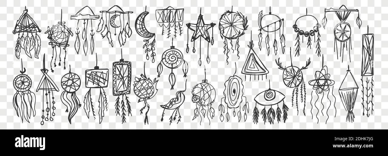 Dream catcher doodle set. Collection of hand drawn traditional indian tribal ethnic decoration for home interior and relaxation isolated on transparent background. Illustration of feather native art Stock Vector