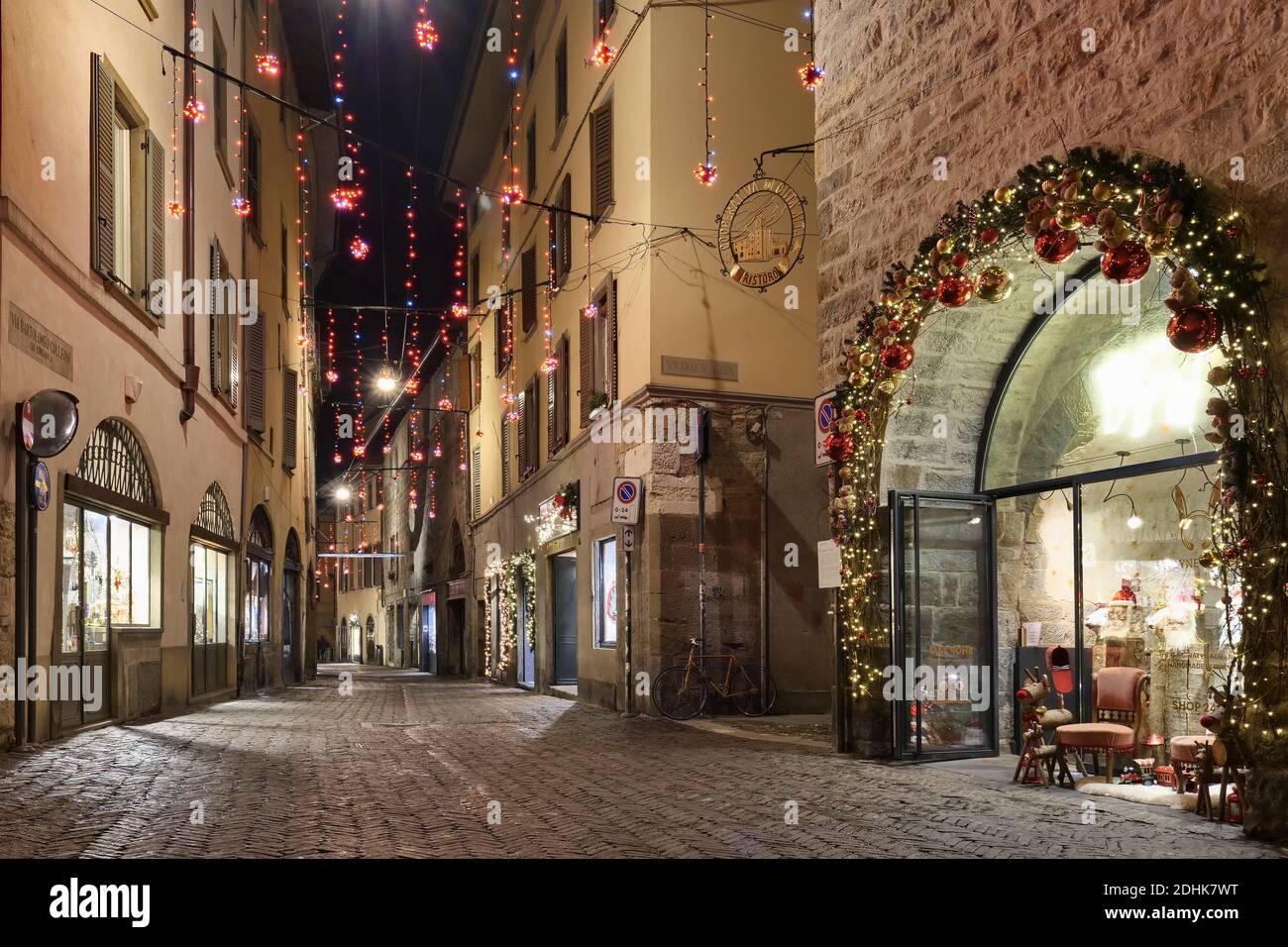 Christmas decorations, shops and lights in Bergamo alta, cityscape, Lombardy, Italy Stock Photo