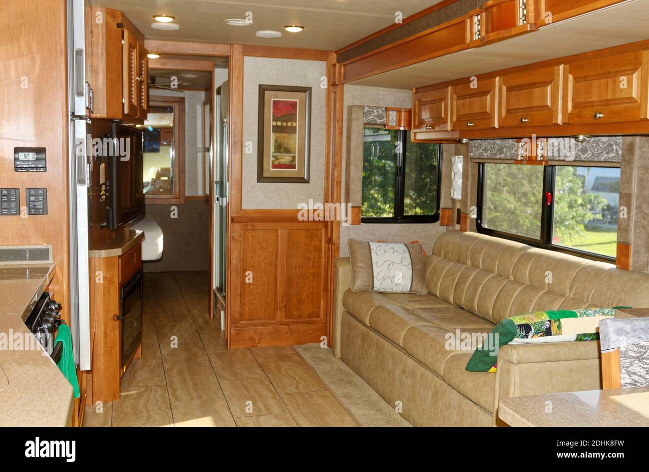 motorhome interior, Tiffin, Class A, RV, slide out, travel, transportation, recreation, vehicle, camping, PR Stock Photo