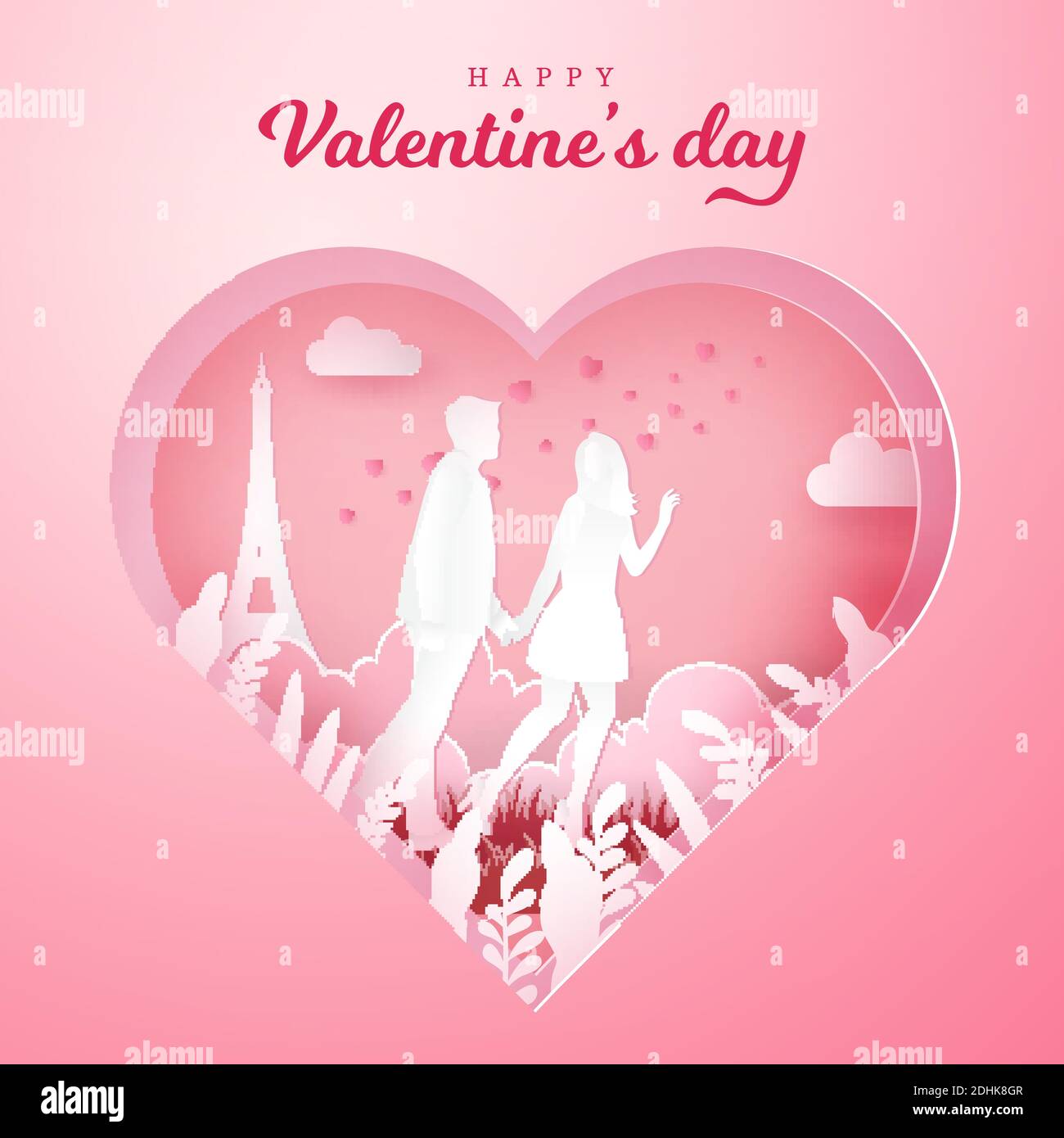 Valentine's Day greeting card. couple walking and holding hands with ...