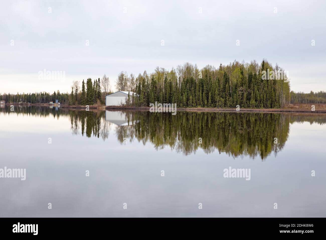 A mesmerizing view of Kashwitna lake with a reflection of trees and