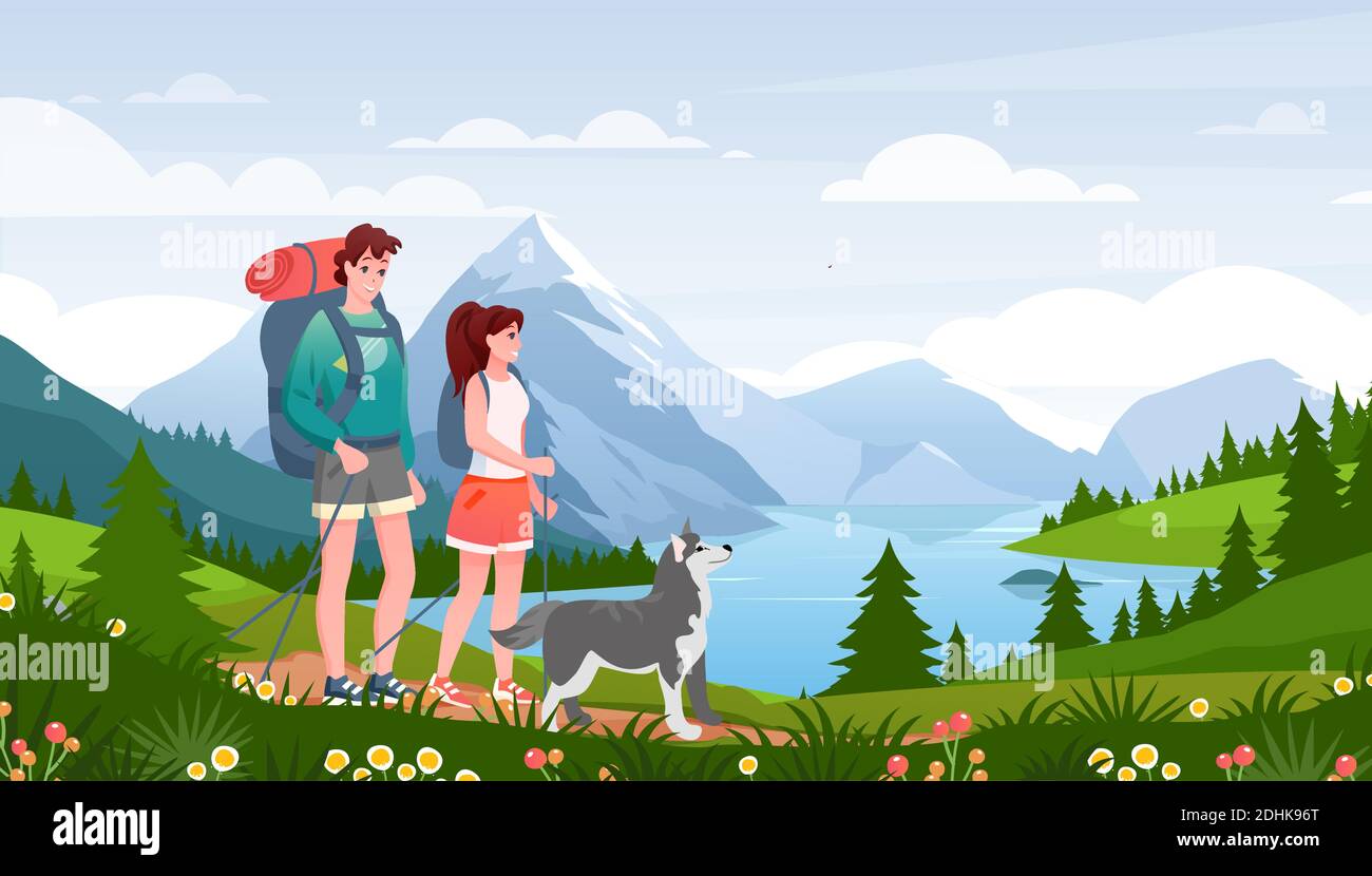 Cartoon flat happy traveler woman man couple and pet friend walk path, hiker people and dog enjoy nature scenery of mountain lake summertime Stock Vector