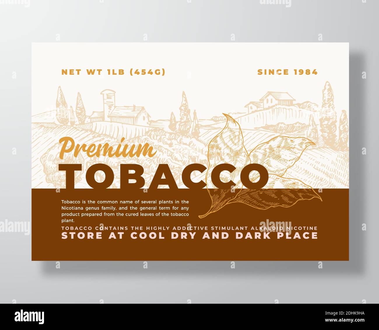 banner tobacco Premium Tobacco Label Template. Abstract Vector Packaging Design Layout.  Modern Typography Banner with Hand Drawn Leaves Branch and Rural Landscape  Stock Vector Image & Art