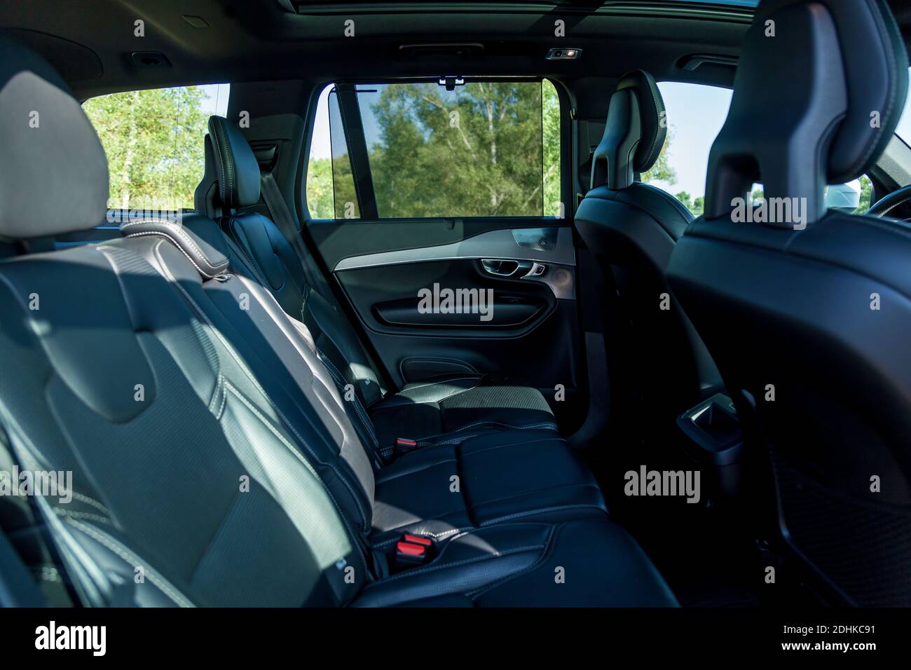 Premium car interior in black leather stitched with white thread Stock ...