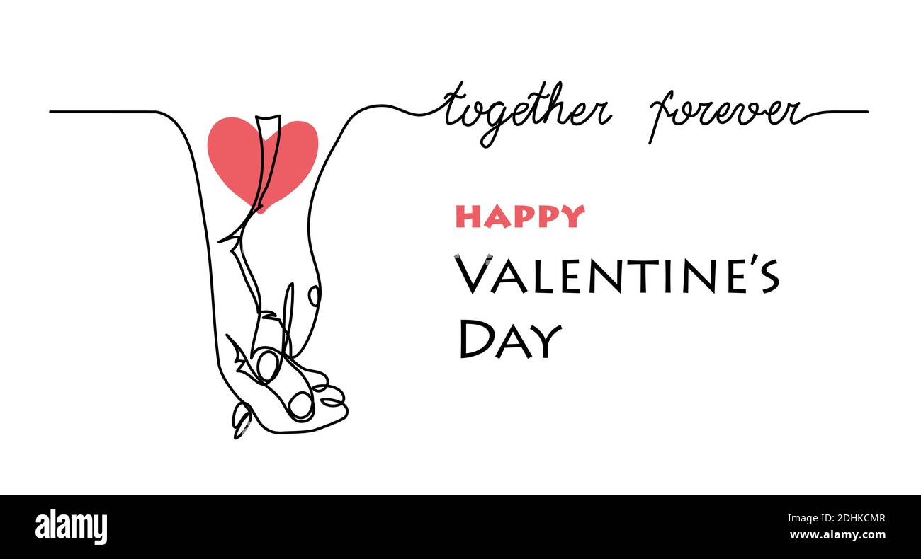 Couple hold hands. Together forever lettering. Line art and red heart tatoo for two. Valentines day vector card. One continuous line art drawing for Stock Vector