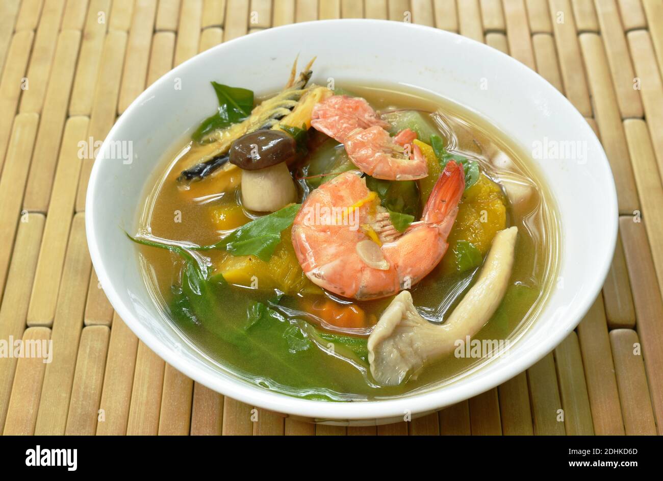 boiled spicy mixed vegetable with shrimp and smoked dry fish soup on