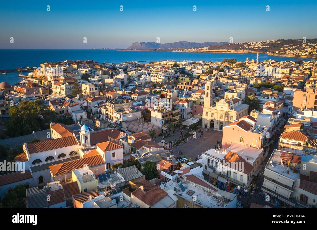 Panoramic aerial view from above of the city of Chania, Crete island, Greece. Landmarks of Greece, beautiful venetian town Chania in Crete island. Cha Stock Photo