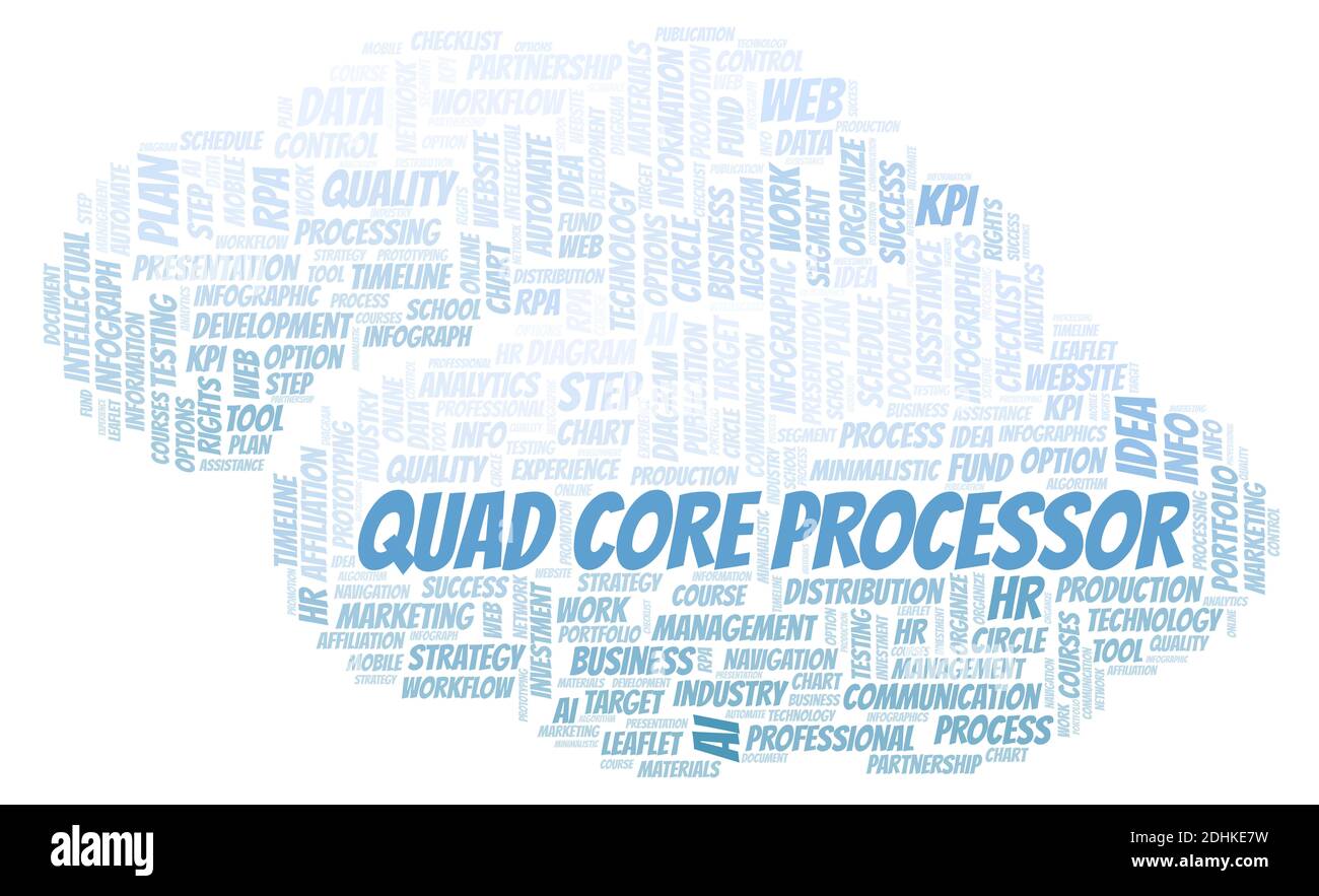 Quad Core Processor typography word cloud create with text only. Stock Photo