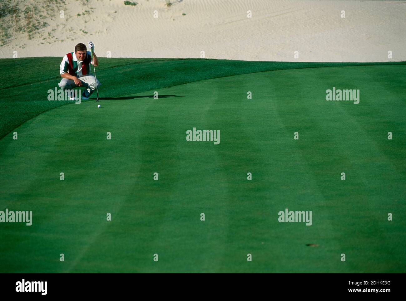 Simon Holmes lining up putt on sloping green. Florida, USA. Stock Photo
