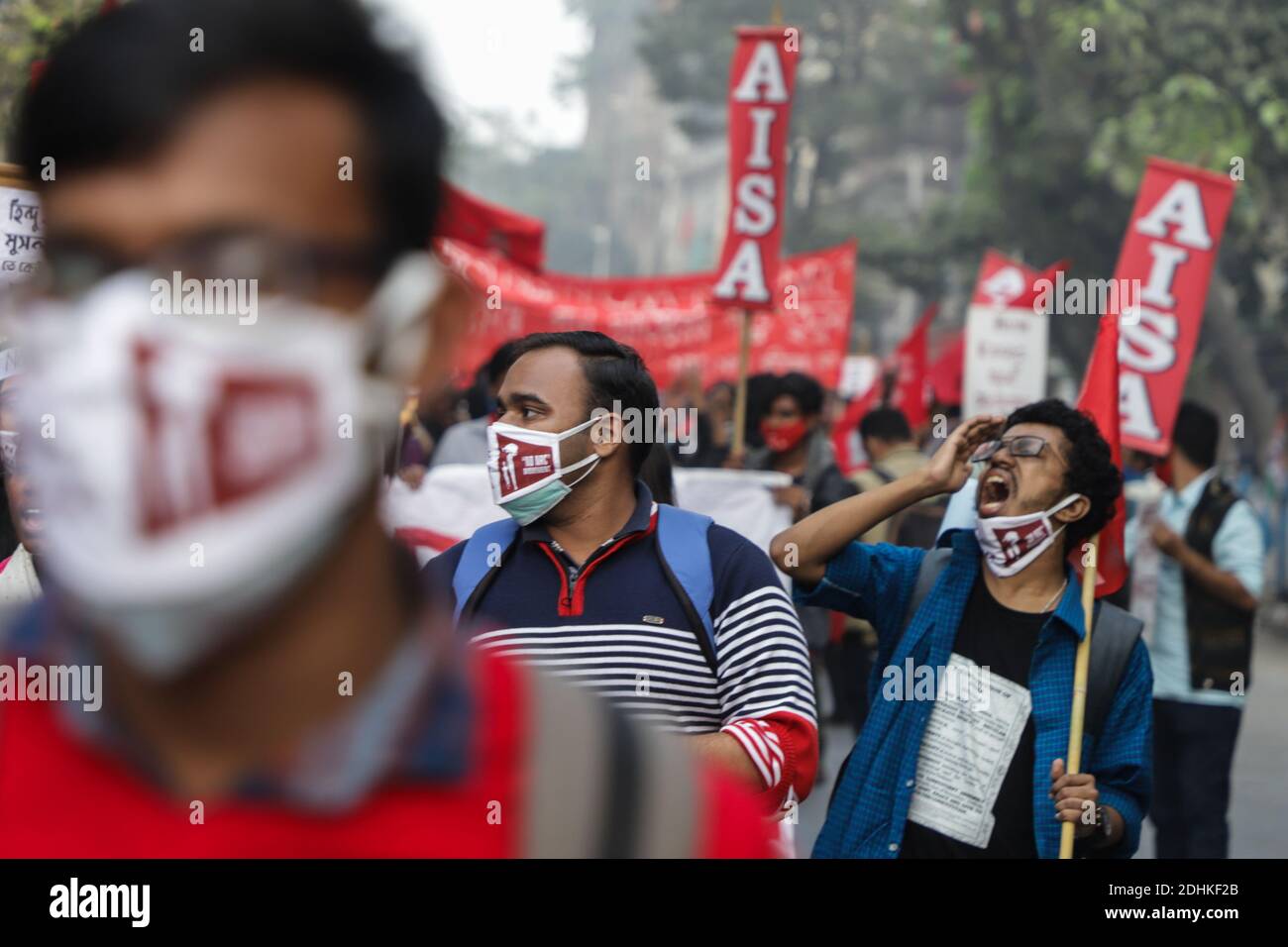 Kolkata, India. 11th Dec, 2020. A protester chants slogans in the crowd during the demonstration.Activists of AISA (All India Students' Association) staged a protest rally against NRC (National Register of Citizens), CAA (Citizenship Amendment Act) & Farm bill. Credit: SOPA Images Limited/Alamy Live News Stock Photo