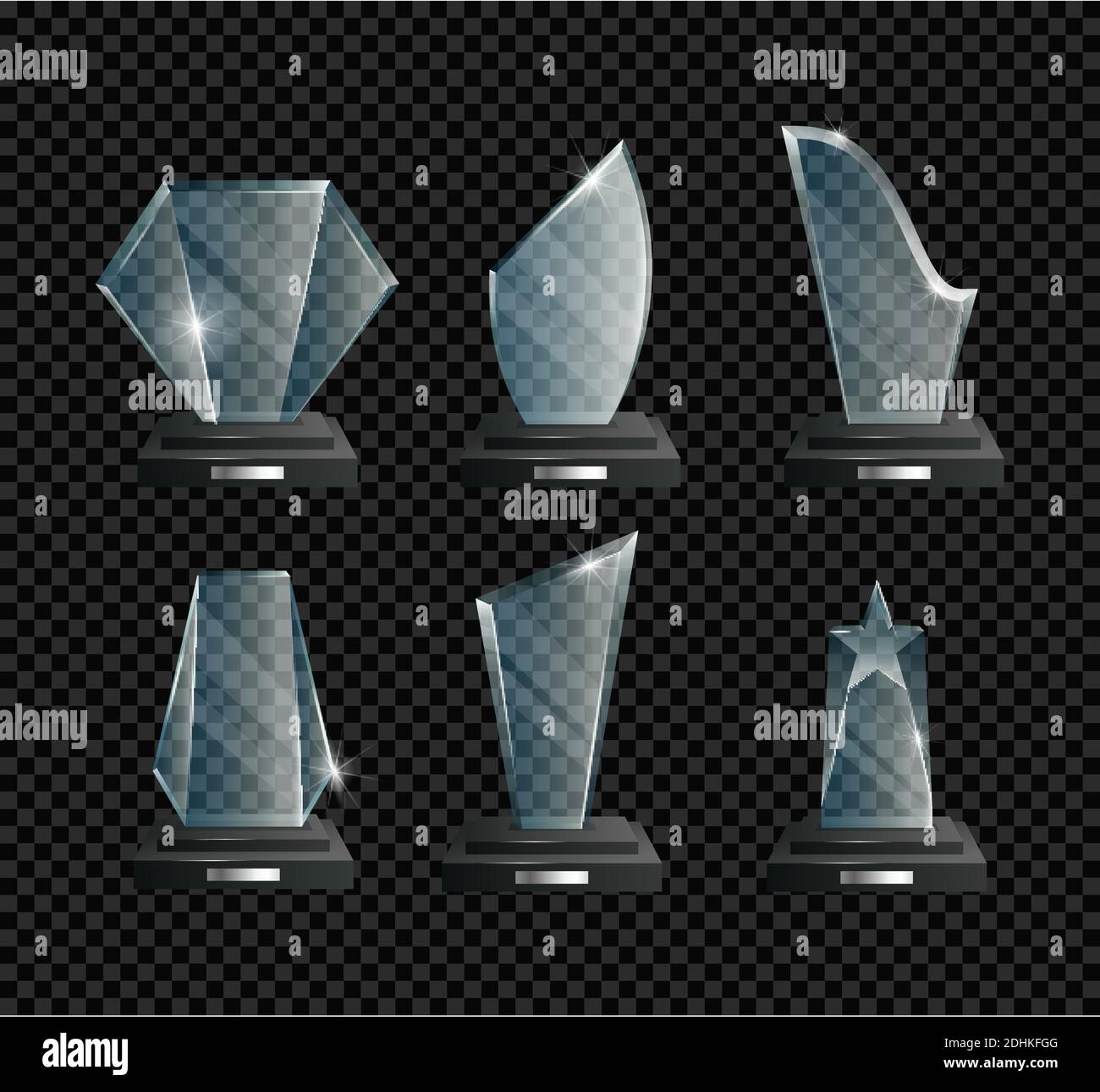 Awards vector realistic illustrations set. Success, achievement, championship, competition victory. Sports and cinema 3D rewards pack. Stock Vector