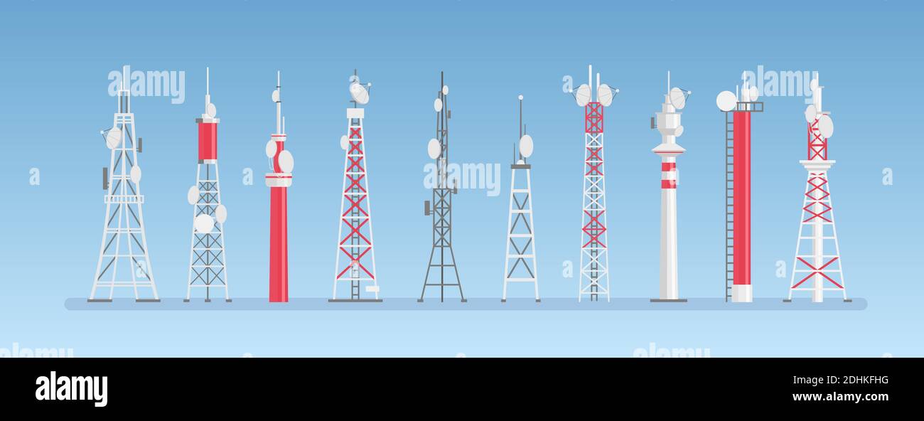 Radio towers vector illustration, cartoon towered antenna constructions for cell telecom communication, flat towering broadcast building equipment set Stock Vector