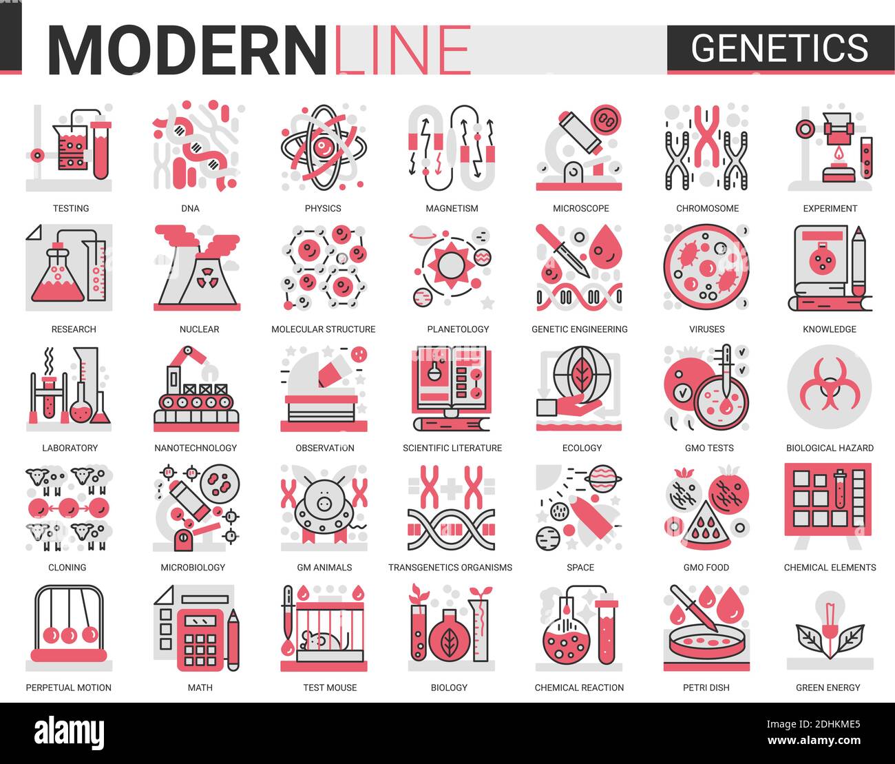 Biochemistry genetics engineering modification, human DNA, reproduction and cloning, research laboratory complex red black flat line icons set vector illustration Stock Vector