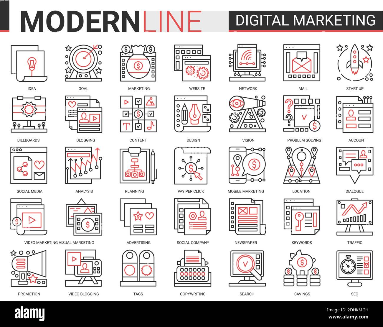 Digital marketing complex red black outline line icons vector ...
