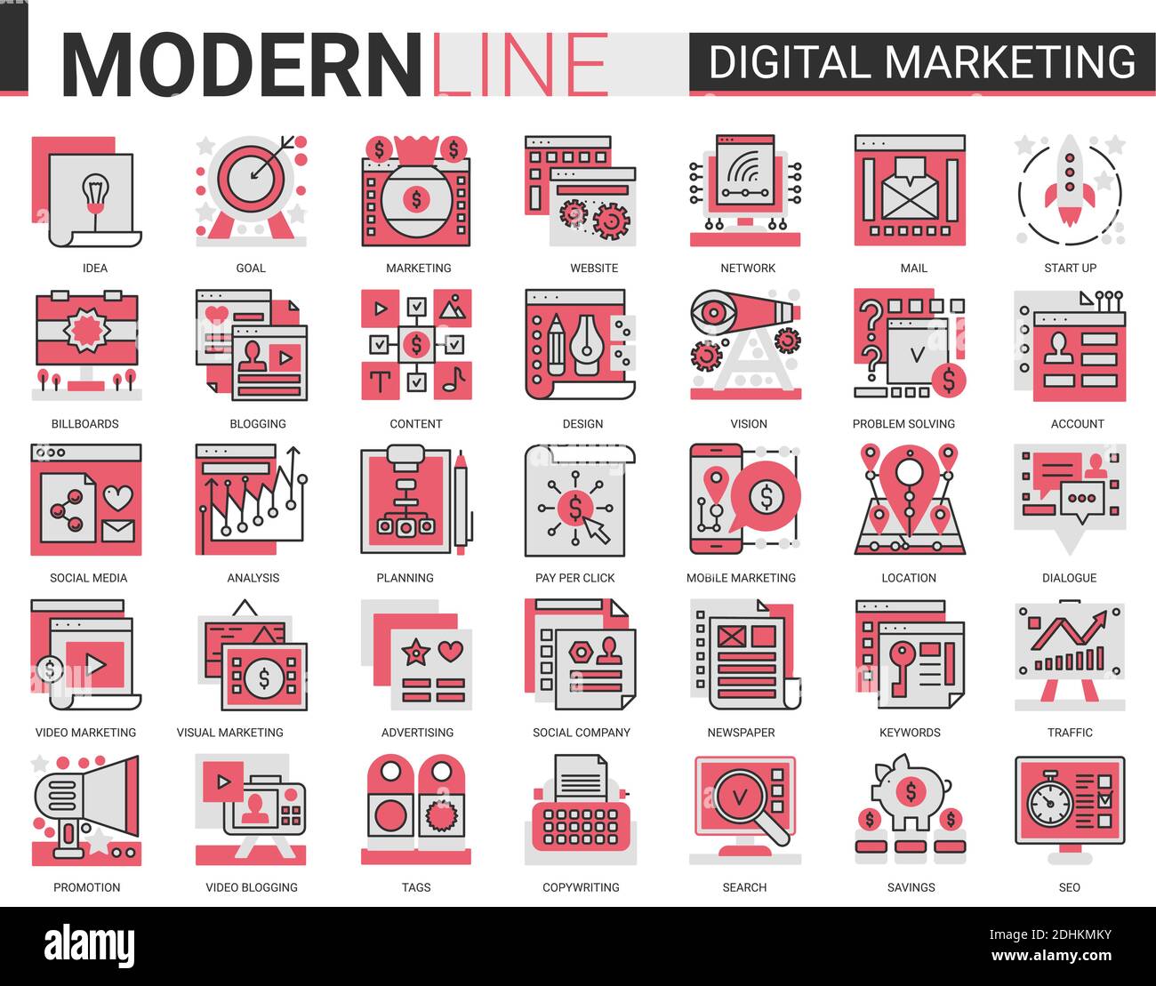 Digital marketing complex red black flat line icons vector illustration. Stock Vector