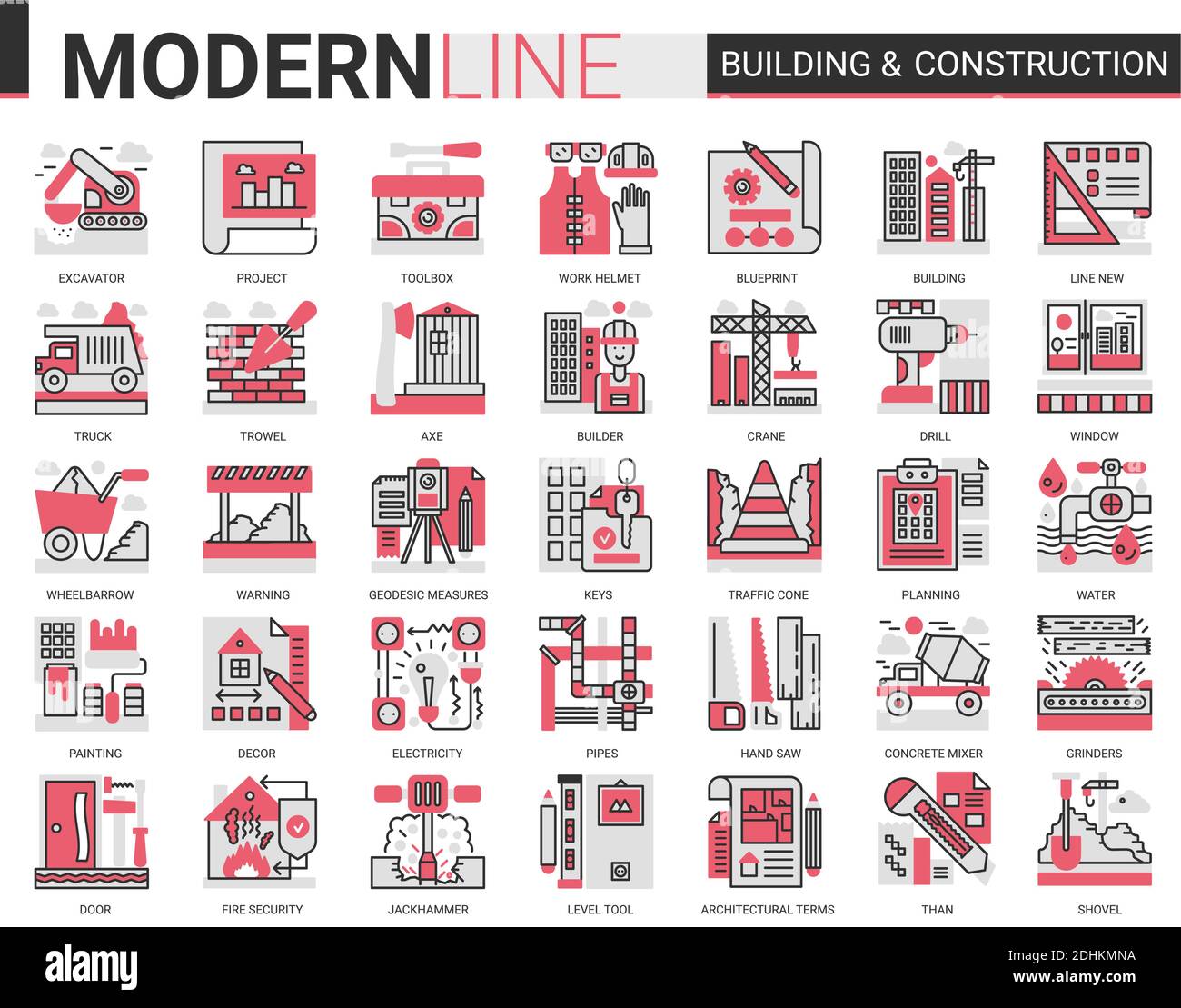 Building construction complex red black line icons vector illustration set, outline constructing website symbols collection with builders tools and crane equipment, city architecture development Stock Vector