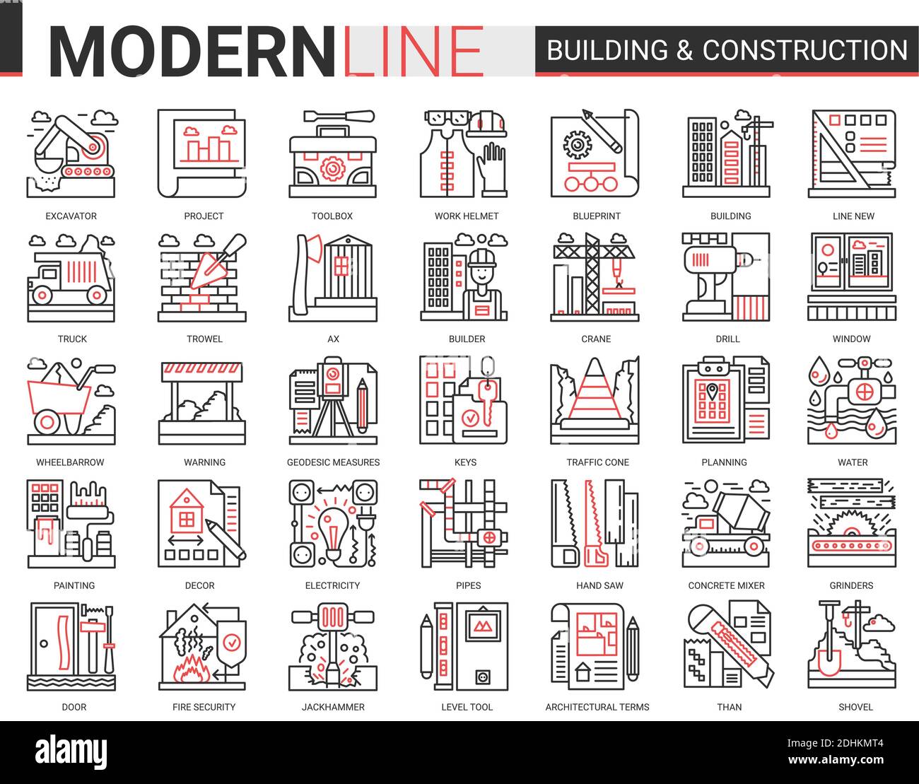 Building construction complex red black line icons vector illustration set, outline constructing website symbols collection with builders tools and crane equipment, city architecture development Stock Vector