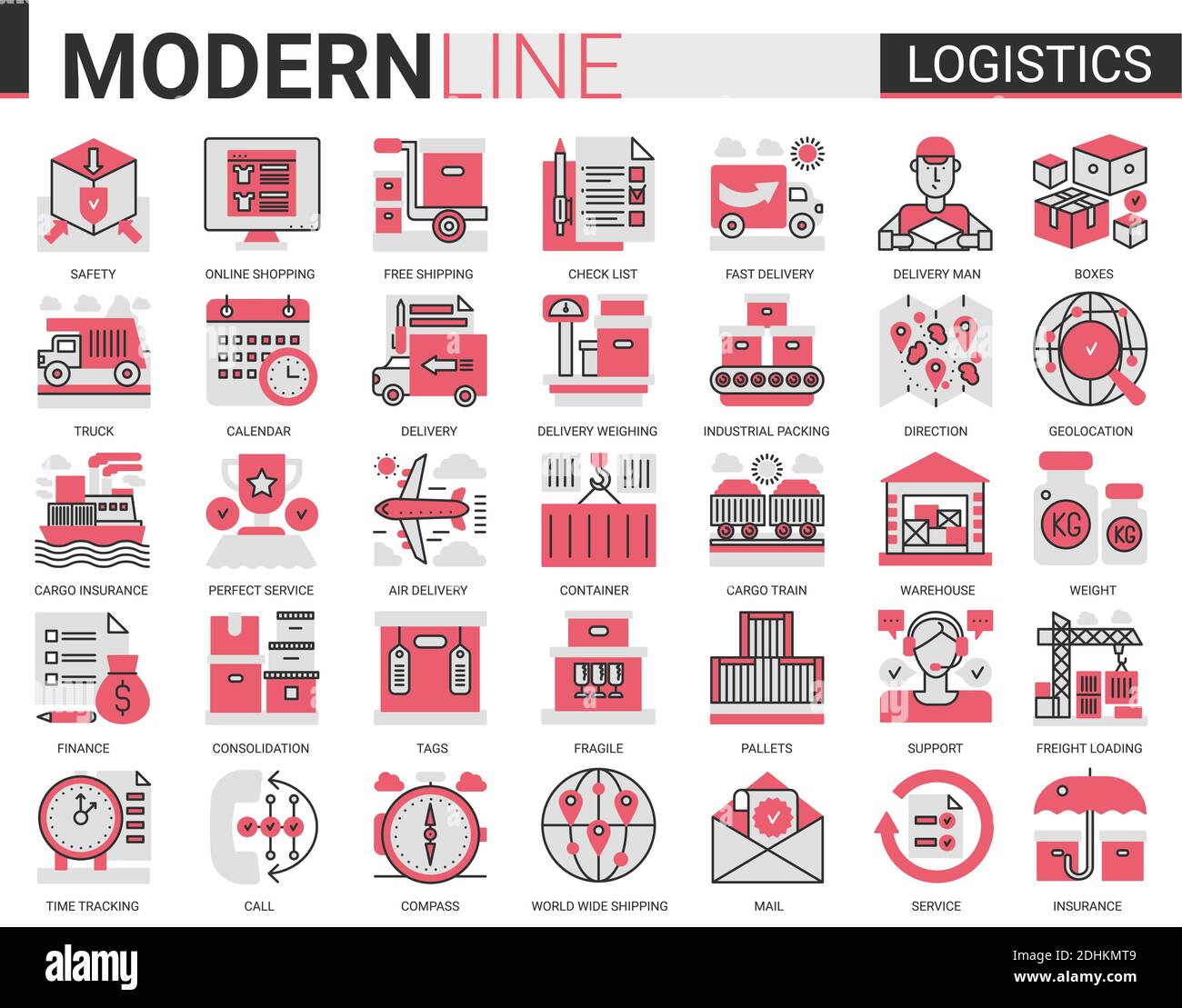 Logistics transportation, delivery service complex flat line icon vector illustration set. Red black delivering symbols for mobile app website with freight transport, warehouse loading, shipping Stock Vector