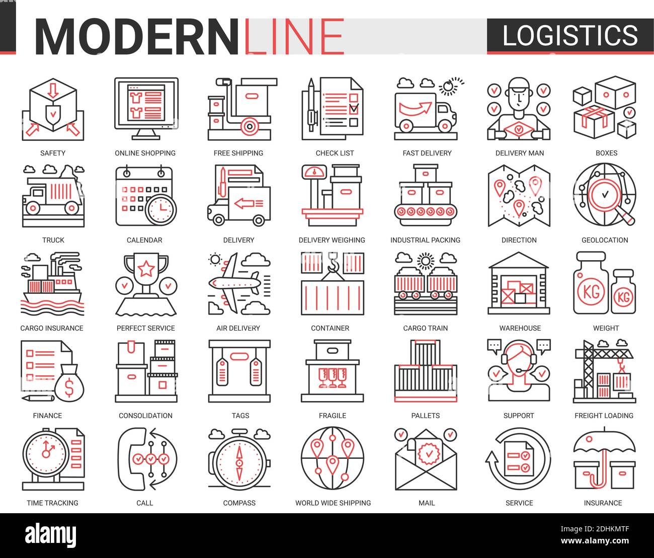 Logistics transportation, delivery service complex line icon vector illustration set. Red black thin linear delivering symbols mobile app website with freight transport, warehouse loading, shipping. Stock Vector