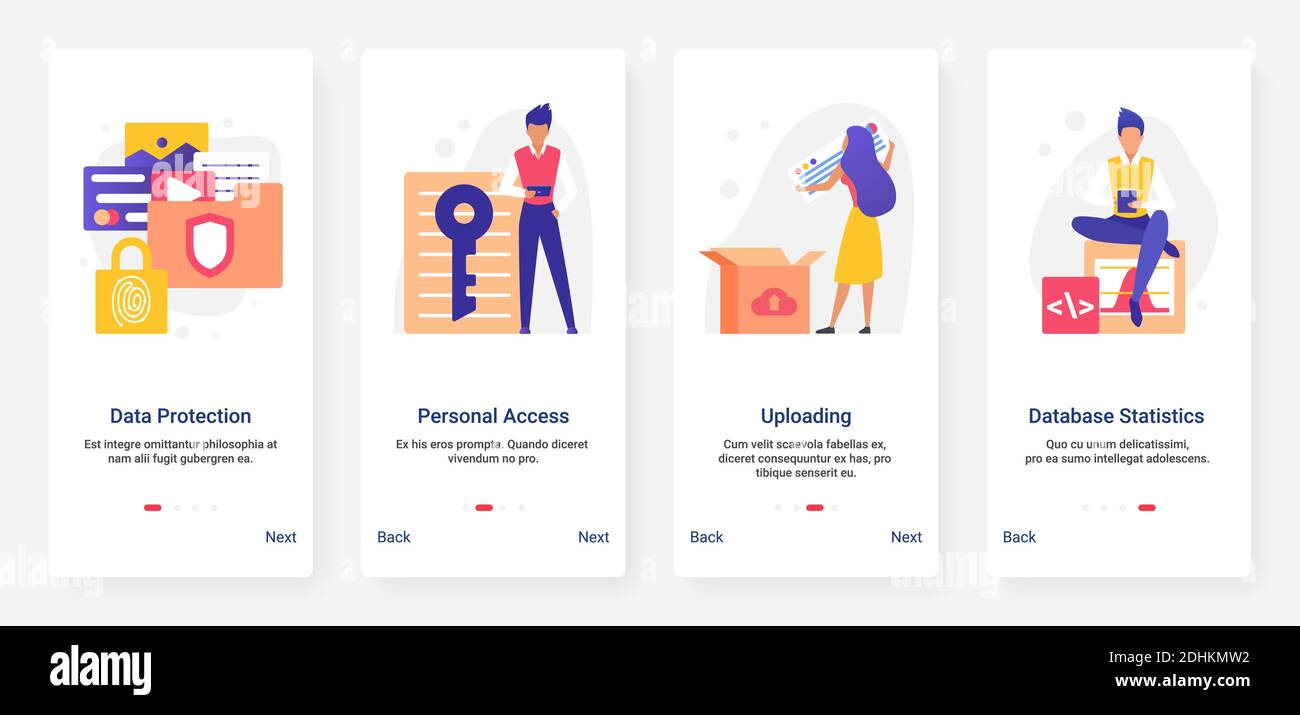 Data protection technology, database storage, uploading statistics vector illustration. Mobile app page onboard screen set with cartoon flat user people using cloud service for protecting information Stock Vector