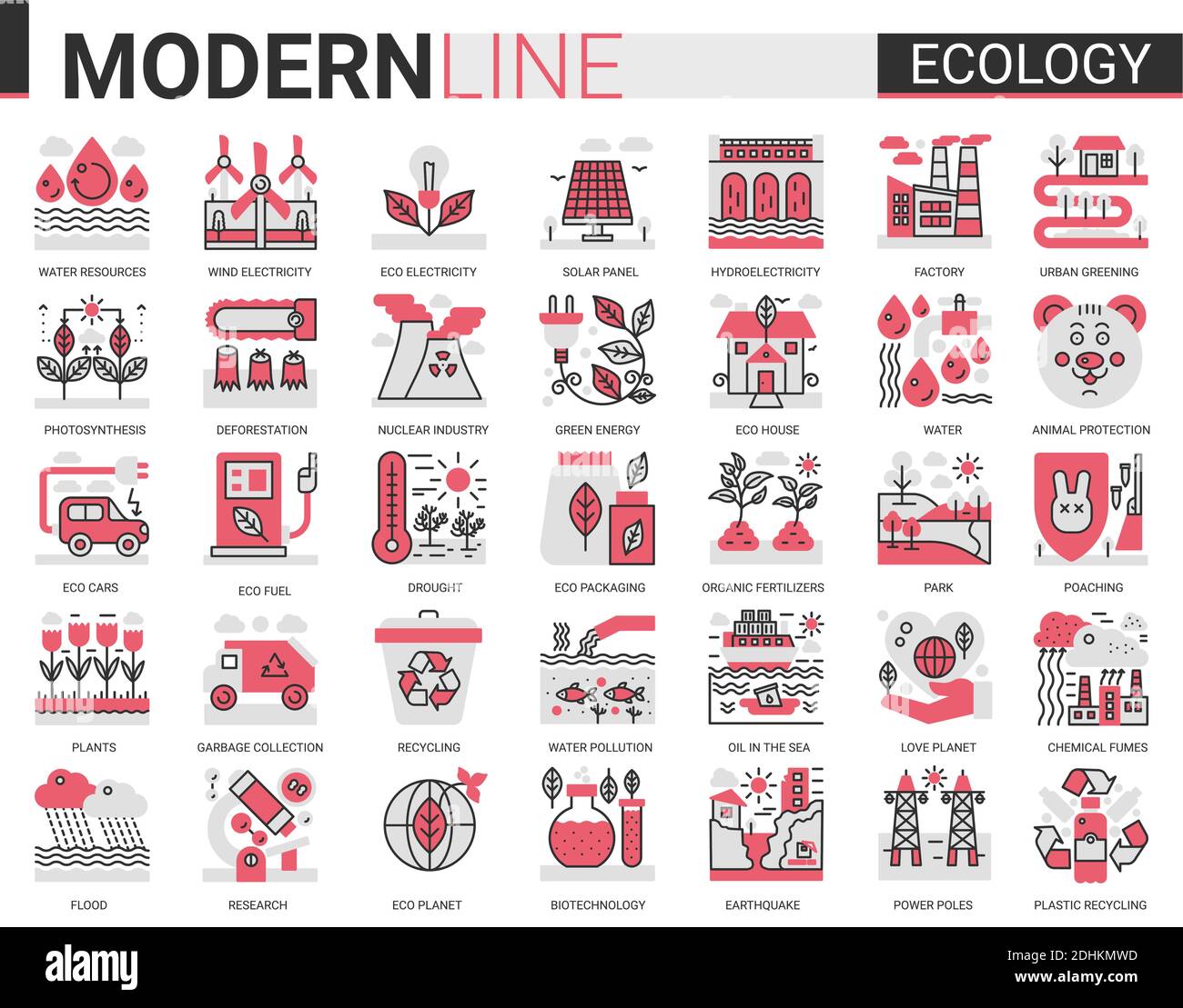 Ecology complex flat line icon vector illustration set. Red black ...