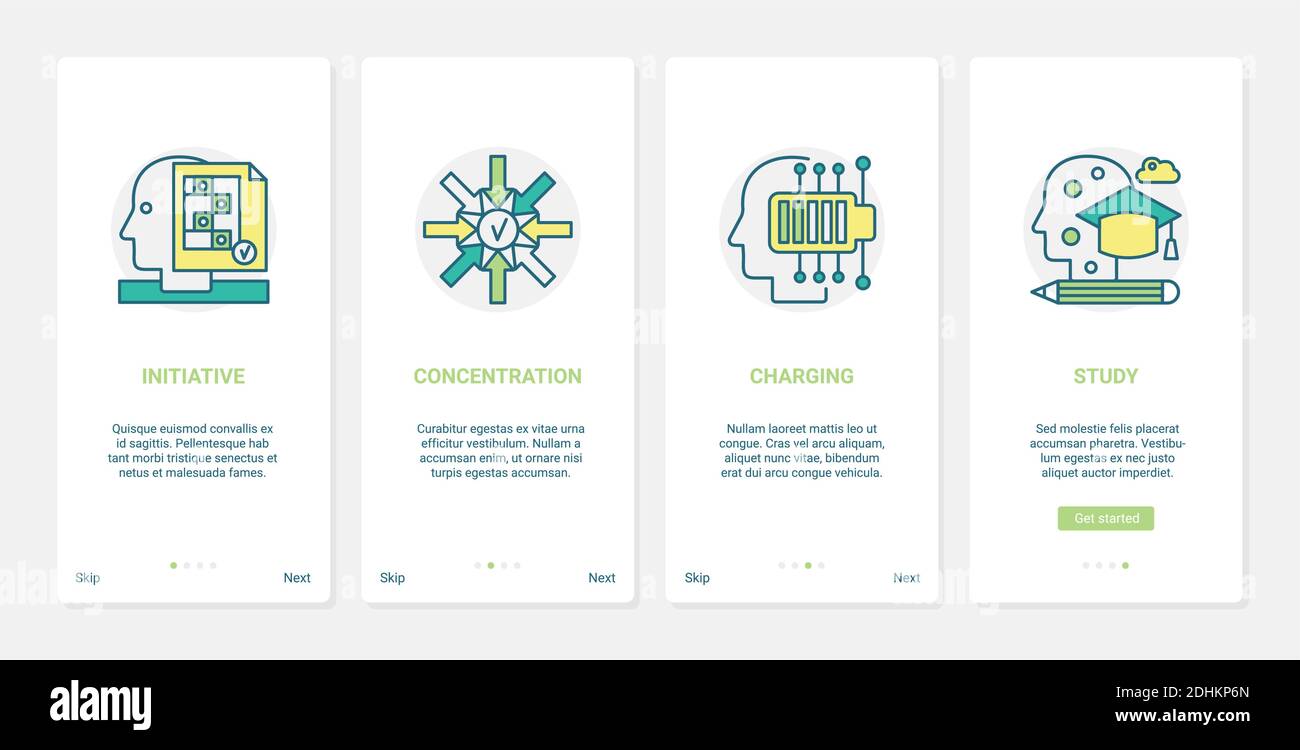 Human brain initiative processes to study charge concentrate vector illustration. UX, UI onboarding mobile app page screen set with line focus on business brainstorm, control studying concentration Stock Vector