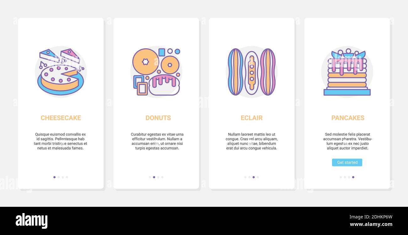 Sweet bakery food products vector illustration. UX, UI onboarding