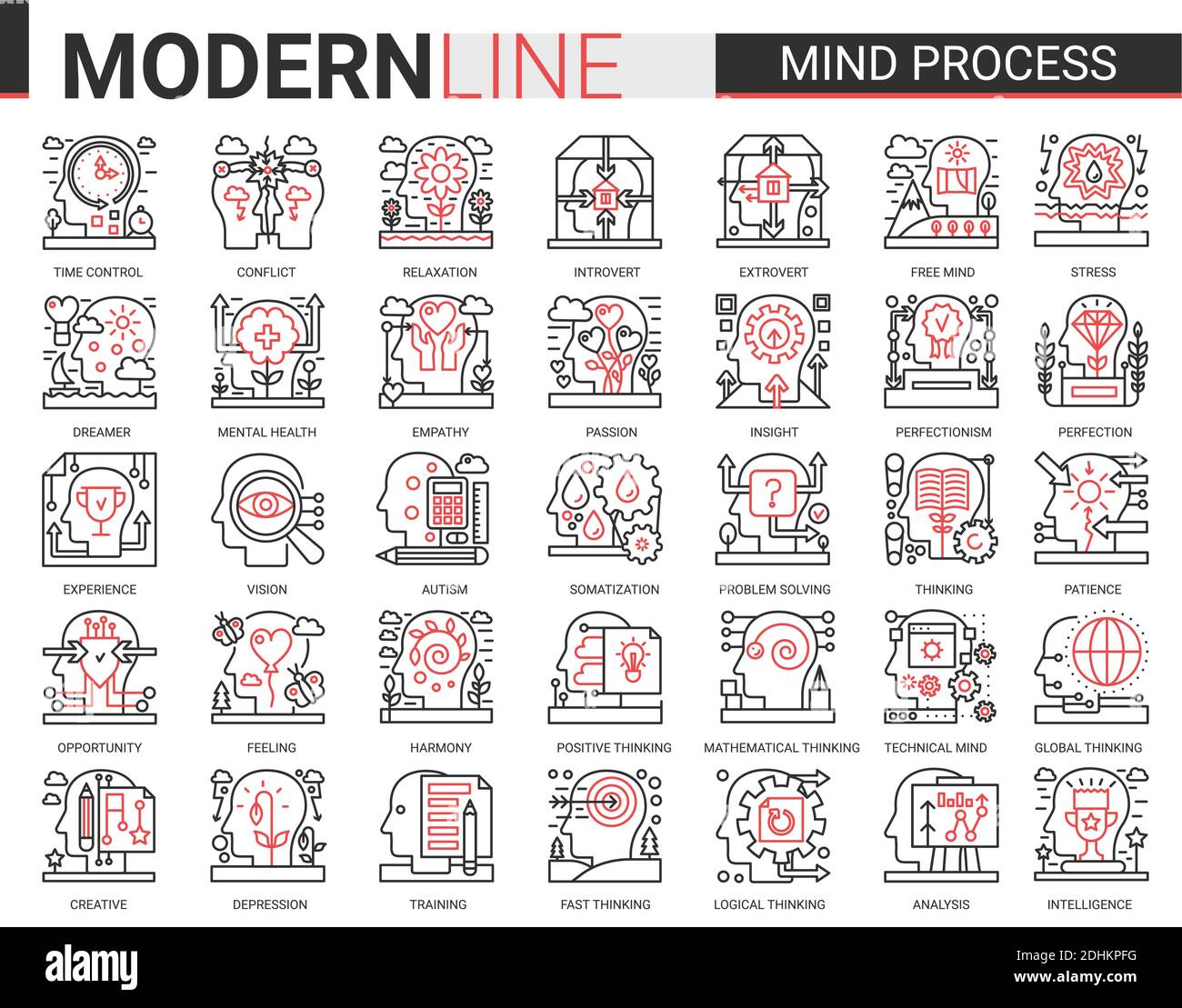 Mind process complex line icon vector illustration set. Red black thin linear symbols mobile app website with human head in brainstorm processing, mental health problem, cogwheel inside brain concept Stock Vector