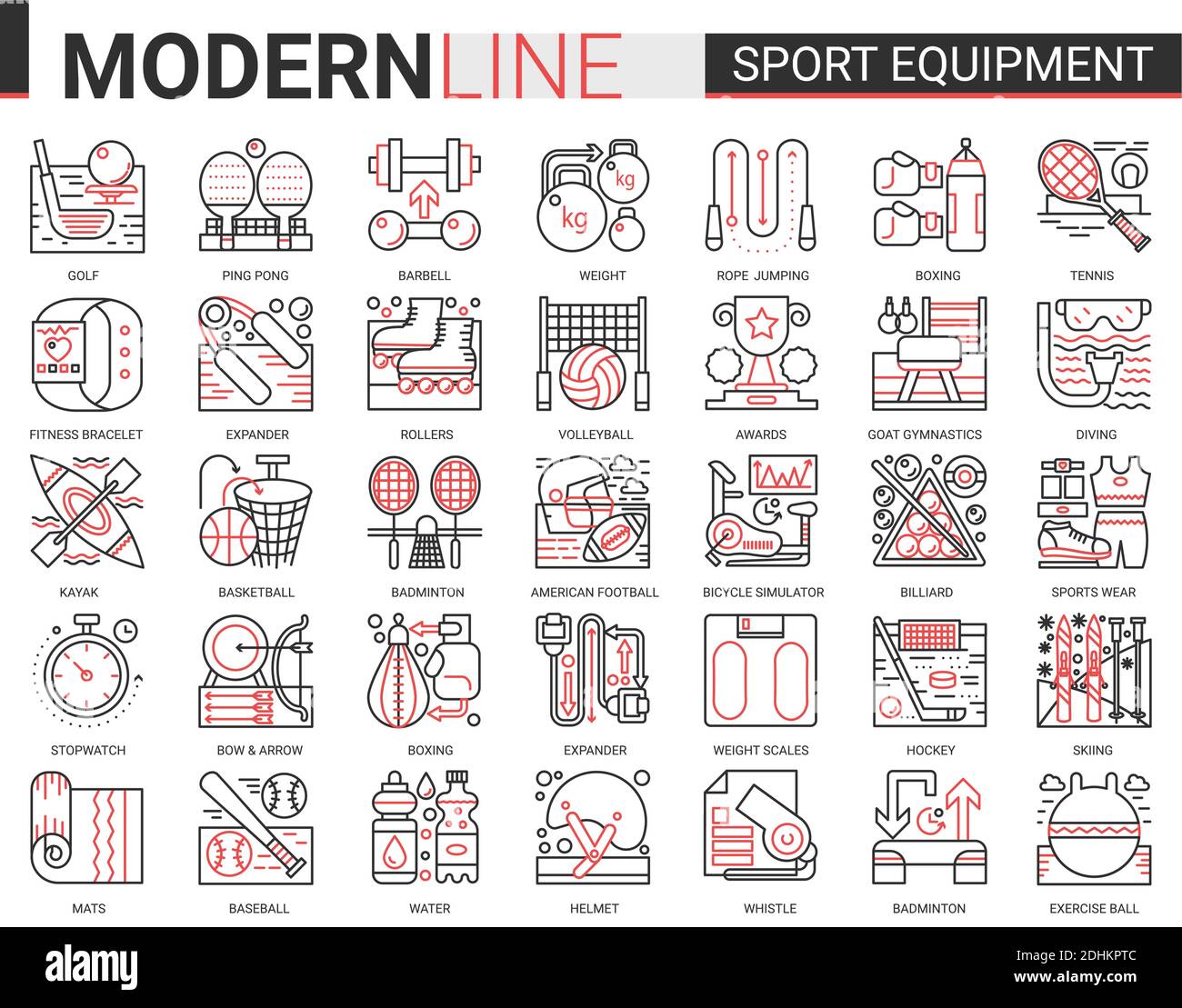 Sport fitness equipment complex thin red black line icon vector illustration set. Linear sport gear for sportsman symbols with sportswear, exercise gym item, football baseball badminton tennis game. Stock Vector