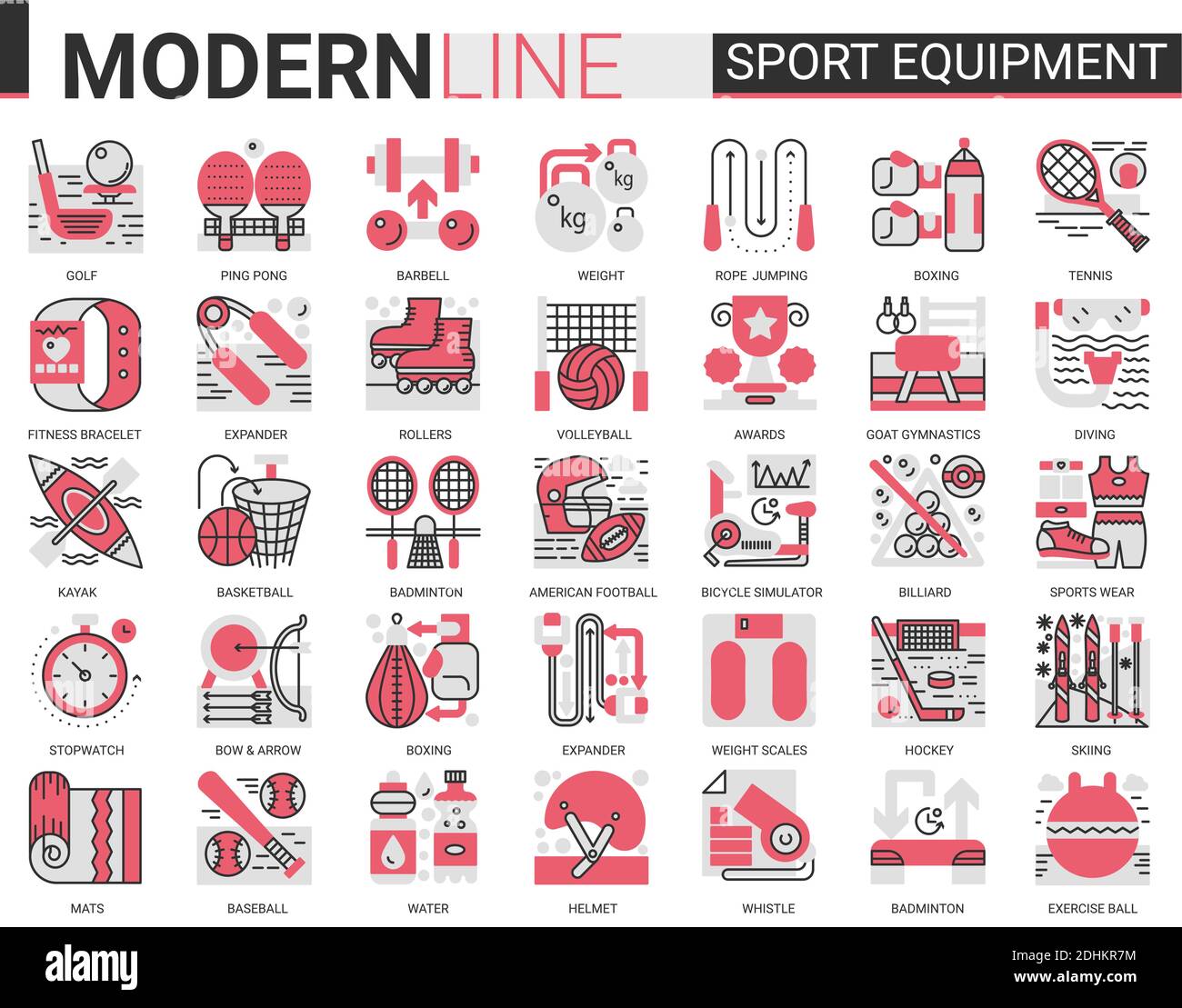 Sport fitness equipment complex red black flat line icon vector illustration set. Sport gear for sportsman symbols with sportswear, exercise gym item, football baseball badminton tennis game. Stock Vector