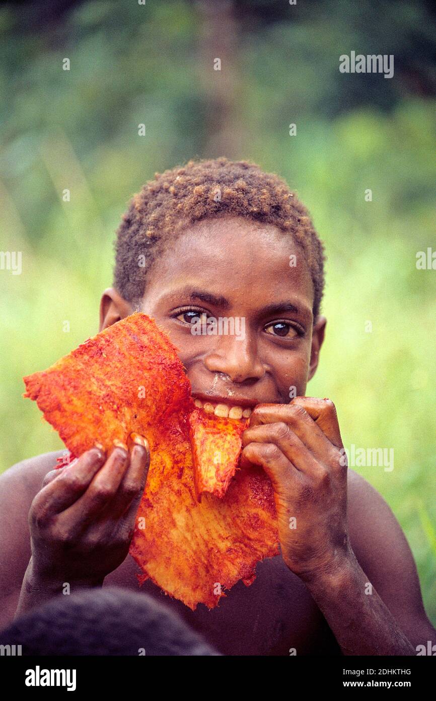 Junge vom Stamm der Huli isst Pandanus-Frucht, Lake Kopiago, Southern Highlands Province, Papua Neuguinea, Stock Photo
