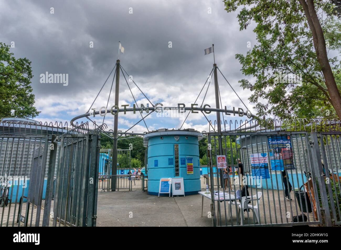 The entrance to Tooting Bec Lido on Tooting Bec Common in South London. Stock Photo