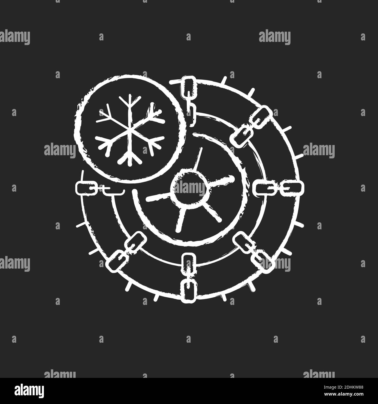 Studded tires and chains chalk white icon on black background Stock Vector