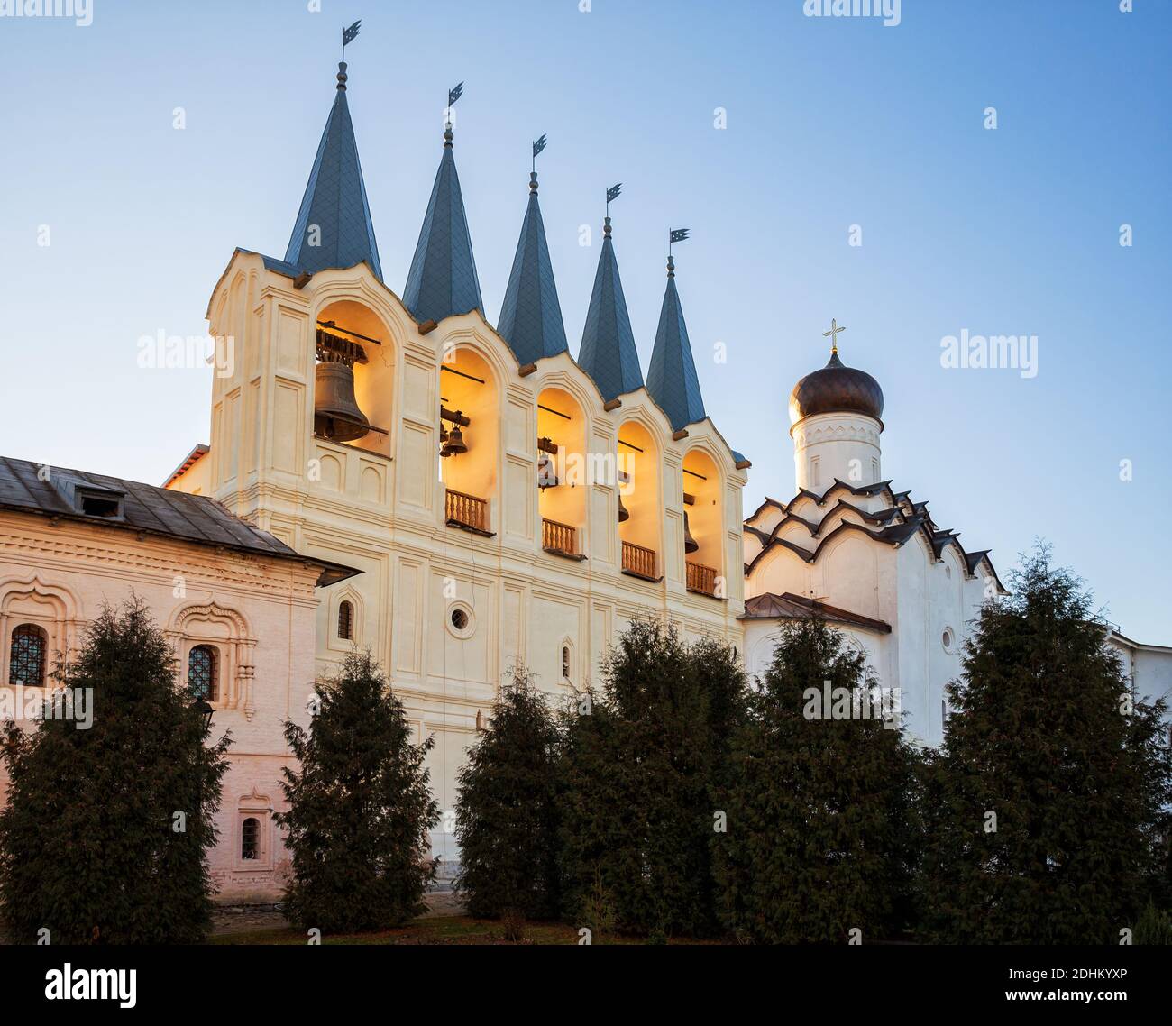 Tikhvin Assumption Monastery, Belfry and Church of the Intercession Stock Photo
