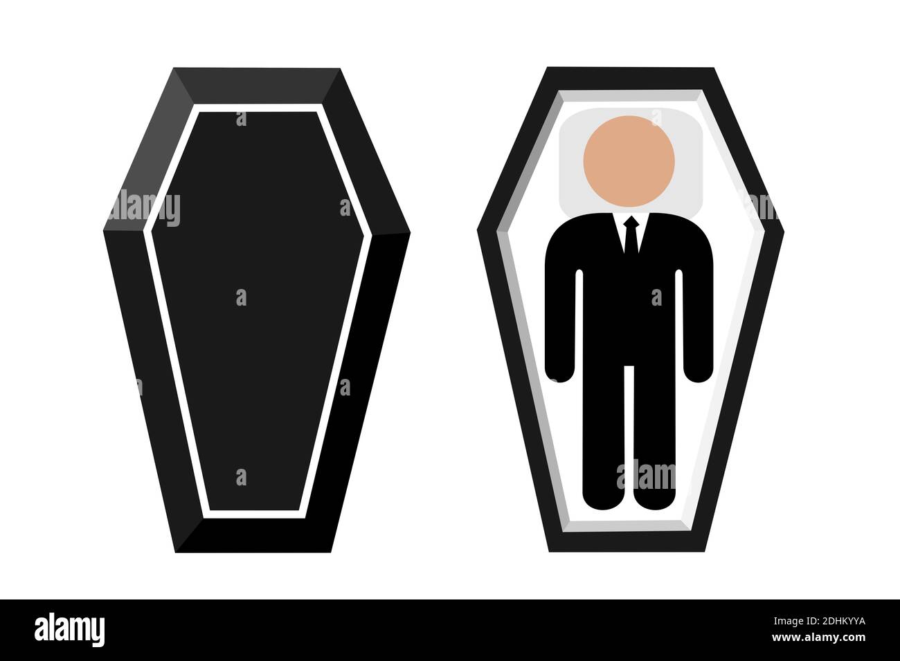 Open coffin with dead deceased body. Funeral after death. Cadever is lying in the black coffin. Vector illustration Stock Photo